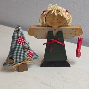 Vintage Handmade Rustic Angel & Stocking Fabric Christmas Tree Country Farmhouse
